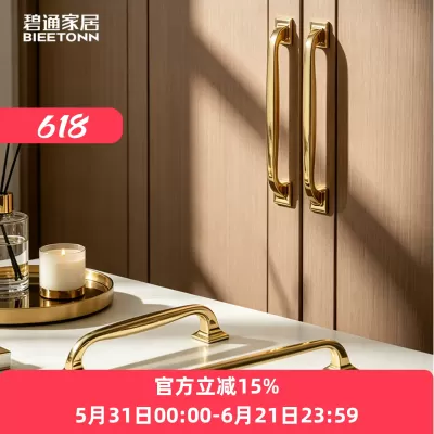 碧通柜门拉手衣柜橱柜抽屉美式轻奢黄铜单孔双孔抛光不上漆长把手